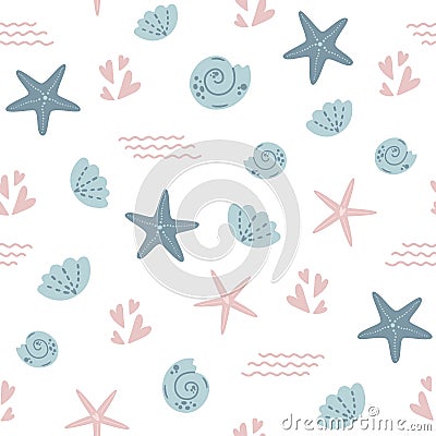 Starfish seamless pattern Summer sea star pattern, cute seashells light background. Nautical baby textile design Vector Cartoon Illustration