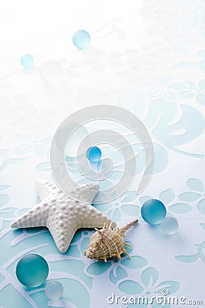 Starfish, seashell and glass balls Stock Photo
