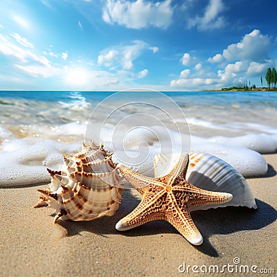 Starfish and seashell on the summer beach, animals, marine life Cartoon Illustration
