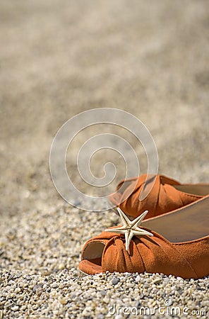 Starfish shell, sand and orange shoes Stock Photo