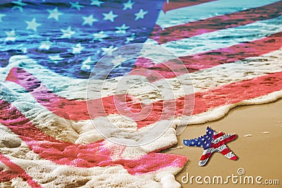 Starfish with USA flag on the sandy beach for Labor day concept Stock Photo