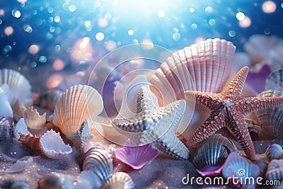 Starfish and various seashells macro background. Sshells have different shapes, colors and textures, creating stunning Stock Photo