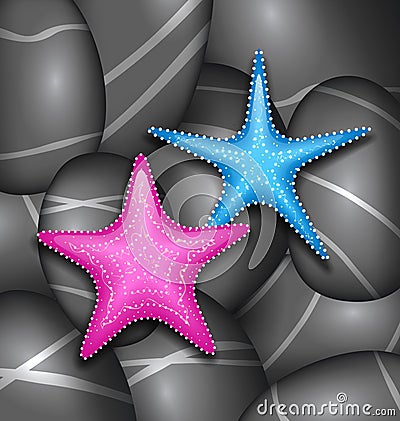 Starfishes among sea pebble stones Vector Illustration