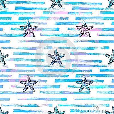 Starfishes and stripes seamless pattern. Sea, summer background. Vector Illustration