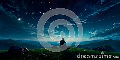stargazer lying on a grassy hill, looking up at a clear night sky filled with twinkling stars and constellations. Stock Photo