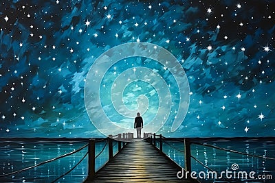 Stargazing on the Pier: A Journey to Inner Peace and Endless Pos Stock Photo