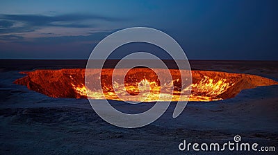 Staring into the flaming gas crater known as the Door to Hell In Darvaza, Turkmenistan Stock Photo