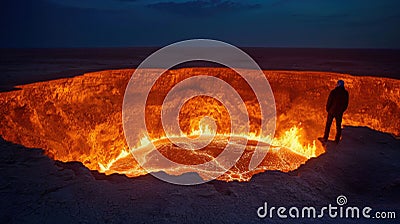 Staring into the flaming gas crater known as the Door to Hell In Darvaza, Turkmenistan Stock Photo