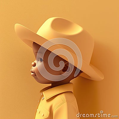 Staring toddler with a hat against a light yellow wall, digital character avatar AI generation Stock Photo