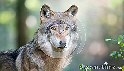 Staring into the yellow ember eyes of a male wolf animal portrait and wild life conservatory Stock Photo