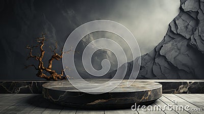 Stark 3D rendered marble pedestal in a moody, gray rocky setting, featuring a solitary, twisted tree perfect for dramatic Stock Photo