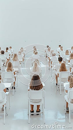 In stark, minimalist setting, large group of students dressed in white uniforms, sitting in orderly rows, creating Stock Photo