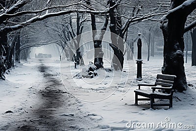 A stark, sorrowful winter landscape, trees cloaked in snows embrace Stock Photo