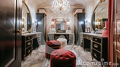 Starlet's Haven: Elegance of Vintage Glam with Art Deco Mirrors and Opulent Gold Accents Stock Photo