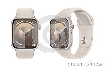 Starlight Apple Watch Series 9 device with Starlight Sport Band, on white background, vector illustration. The Apple Watch is a Vector Illustration