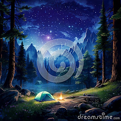 Starlight Sanctuary: A Nighttime Campsite Illuminated by a Thousand Stars Stock Photo