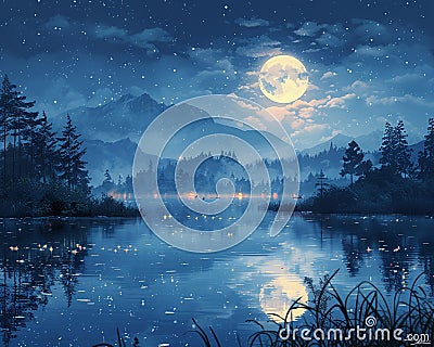 Starlit night over a tranquil lake Cartoon Illustration