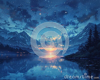 Starlit night over a tranquil lake Cartoon Illustration