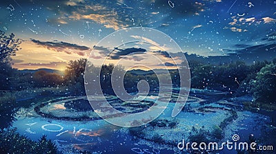 Starlit Numerical Wetlands with Zodiac Constellations Stock Photo