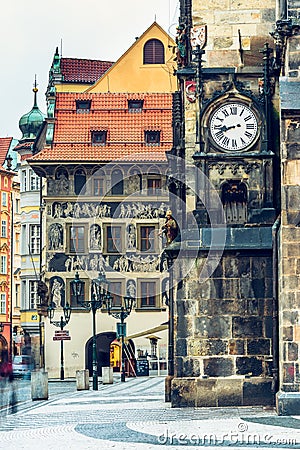 Staromestske namesti and Old Town Hall wall in Prague, Czech Stock Photo