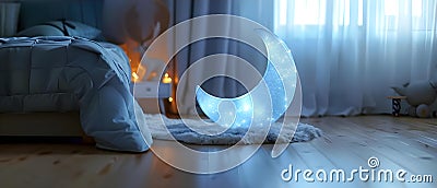 Starry Crescent Nightlight in Cozy Bedroom. Concept Cozy Bedroom Decor, Starry Nightlight, Crescent Stock Photo