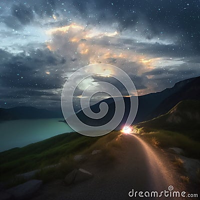 starry night and aurora borealis ,moon light on mountains middle of the road on horizon sea water Stock Photo