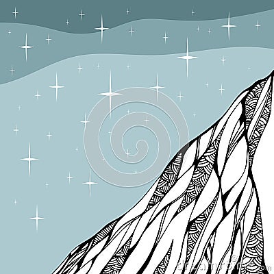 Starry night. Doodle drawing of mountain. Hand drawn vector illustration Vector Illustration