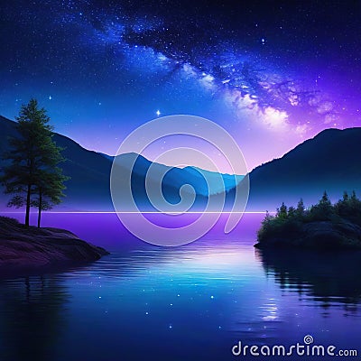 Starry night lake with bright star shine in the sky horizon reflecting on silky lake with splendid natural landscape in Cartoon Illustration