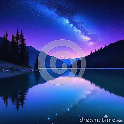 Starry night lake with bright star shine in the sky horizon reflecting on silky lake with splendid natural landscape in Cartoon Illustration