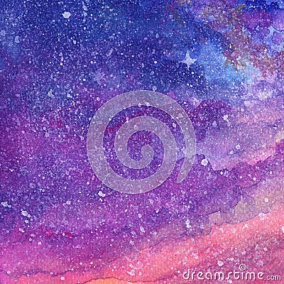 Starry night landscape cloud star watercolor gouache hand paint Stock Photo