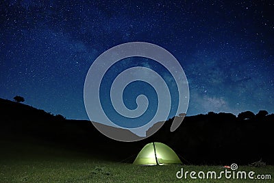 Starry night on lighting tent in Nebrodi Park, Stock Photo