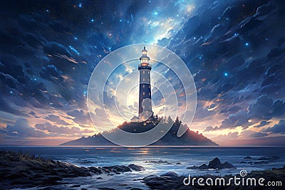 On a starry night by the seaside, a towering lighthouse stands against the dark horizon, Fantasy inspirations Stock Photo