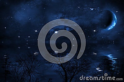 Starry night sky background with moon over sea Cartoon Illustration