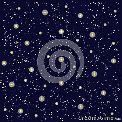 A starry night sky. Dark blue background, glowing white, yellow dawns Vector Illustration