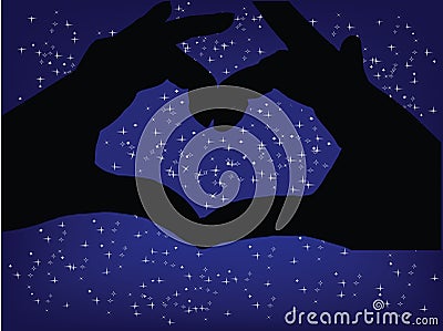 Starry night sky and hands form a heart Vector Illustration