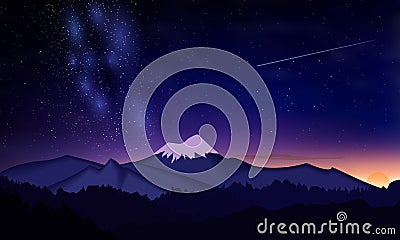 Starry night sky in the mountains. Milky Way and a shooting star. Stock Photo