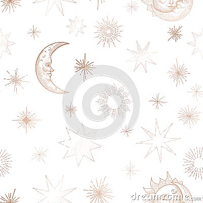 Starry Night Sky Trendy Seamless Pattern, Vintage Celestial Hand drawn Background Template of Galaxy, Space, Moon Vector Illustration