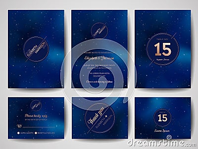 Starry Night Sky Trendy Wedding Invitation Card, Save the Date Monogram Celestial Template of Galaxy, Space, Stars Vector Illustration