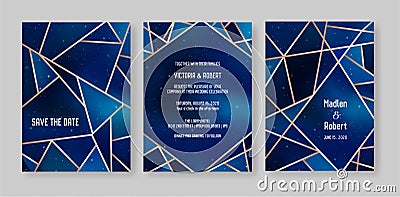 Starry Night Sky Trendy Wedding Invitation Card Set, Save the Date Celestial Template of Galaxy, Space, Stars Vector Illustration