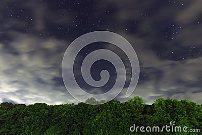 Starry Night, White clouds, many stars, green forest. The edge of the forest. Stock Photo