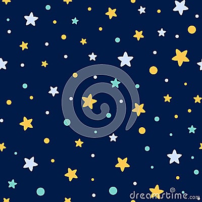 Starry seamless pattern decorated yellow blue stars shape Dark night background wallpaper textile Cartoon Illustration