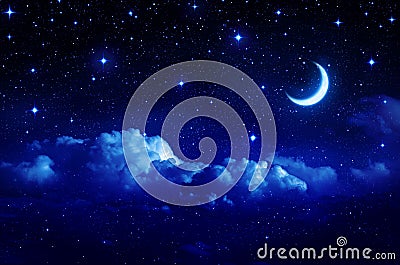 Starry sky with half moon in scenic cloudscape Stock Photo