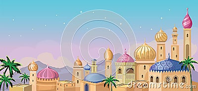 Starry sky. Oriental tale. Fairytale Arabic landscape with traditional mud houses, ancient temple, Mosque. Muslim Cityscape. Vector Illustration