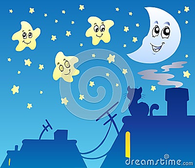 Starry sky with rooftop silhouette Vector Illustration