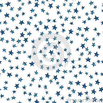 Starry sky seamless pattern with blue monochrome stars on white background. Watercolor doodle illustration Cartoon Illustration
