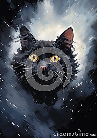 Starry Snowscape: A Black Kitten's Epic Roleplaying Adventure Stock Photo