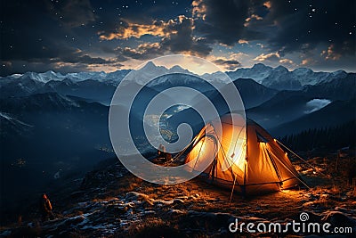 Starry summit camping Tent pitched high, immersed in mountainous nocturnal grandeur Stock Photo
