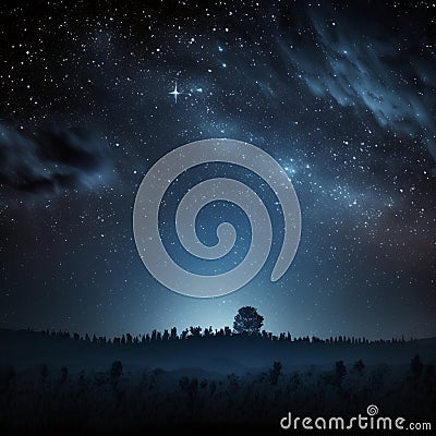 Stars background for National Space Day. Night starry sky, clouds and forest for astronomy nature landscape banner. Generative AI Stock Photo