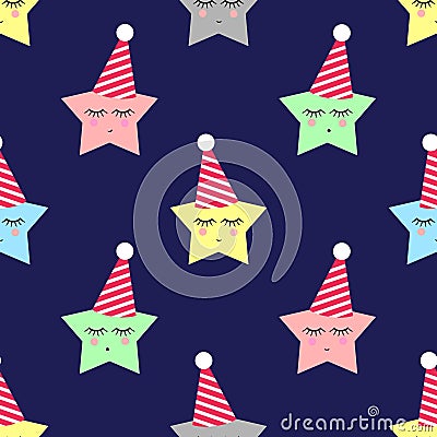 Stars with birthday caps background. Seamless night pattern with sleeping stars for kids holidays. Vector Illustration