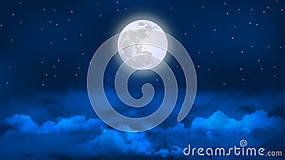 Vector Bright Full Moon and Stars in Cloudy Blue Night Sky Stock Photo